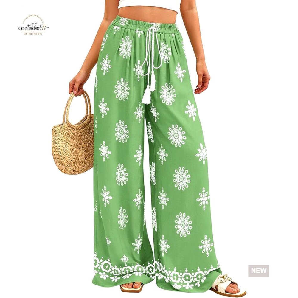 Wide Leg Palazzo Pants Boho Floral Trousers Summer Beach Vacation Resort Wear